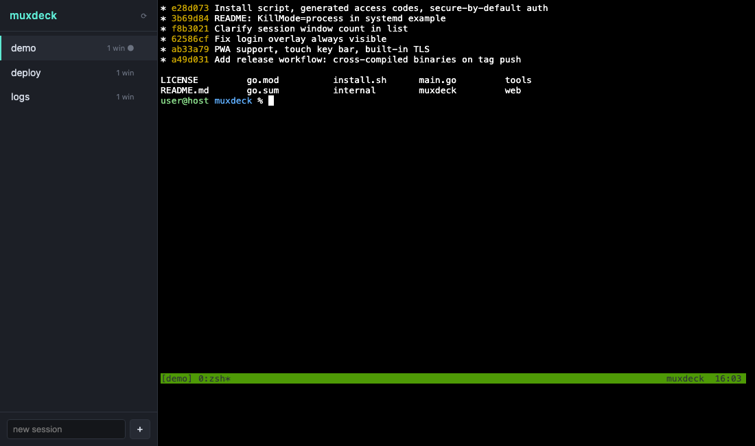 muxdeck in a browser: a sidebar listing tmux sessions and a full terminal attached to one of them